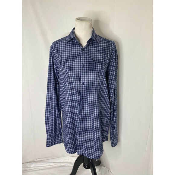 Bugatchi Uomo Men's Dress Shirt Blue Plaid Button-Down Cotton Size 16 / 34 - Picture 2 of 12